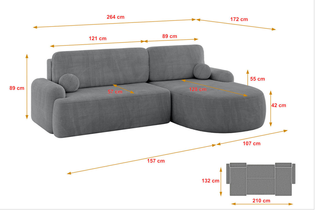 ECKSOFA mit Schlaffunktion und Bettkasten LIRA-L - 264x172x89 Dunkelgrau - Dunkelgrau, Holzwerkstoff/Textil (172/264cm) - ALTDECOR