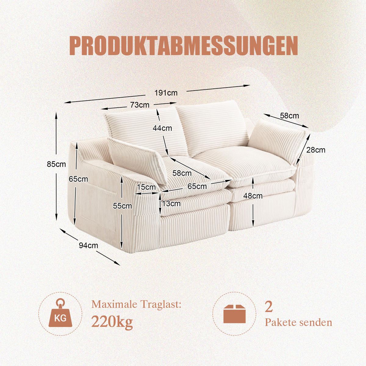 2 MÍSTNÁ POHOVKA z manšestru s bočními kapsami a pružinovým jádrem - béžová, textil (191/85/94cm) - Urban Meuble