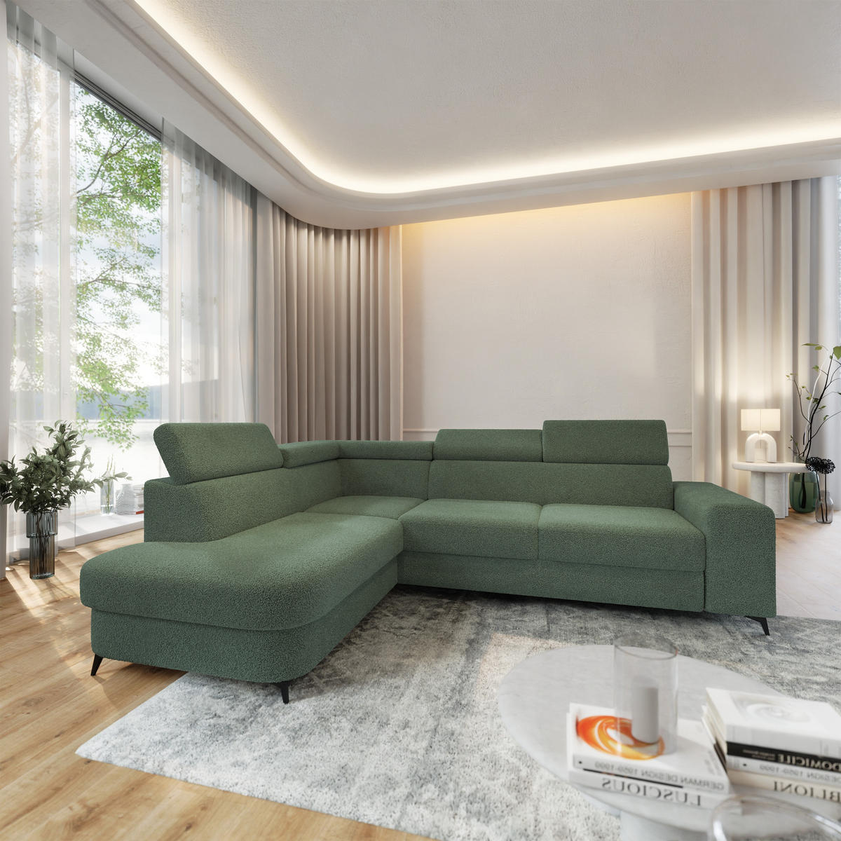 ECKSOFA ALVORO L-S Grün Boucle-Stoff mit Schlaffunktion - Grün, Holz (253/190cm) - MASSENO