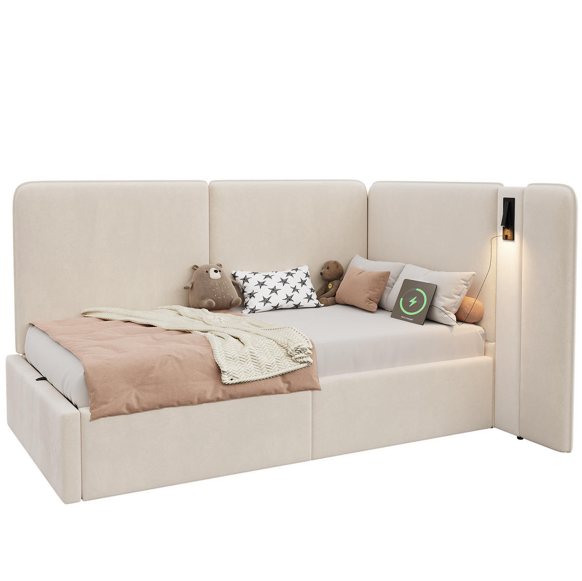 BETT 90/200 cm in Beige – mit Bettkasten, USB-C/USB und Lattenrost - Beige, Textil (90/200cm) - BEAOK