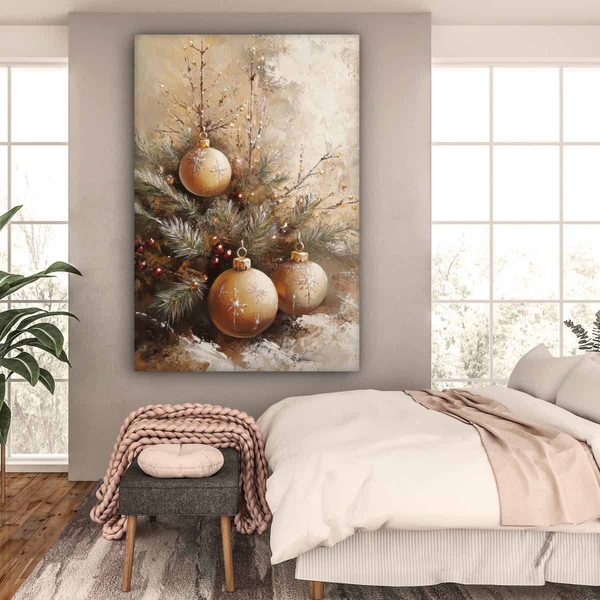 OBRAZ NA PLÁTNĚ Vánoce - ozdoby - béžové - zlaté 90x140 cm - zlatá, textil (90/140cm) - MuchoWow