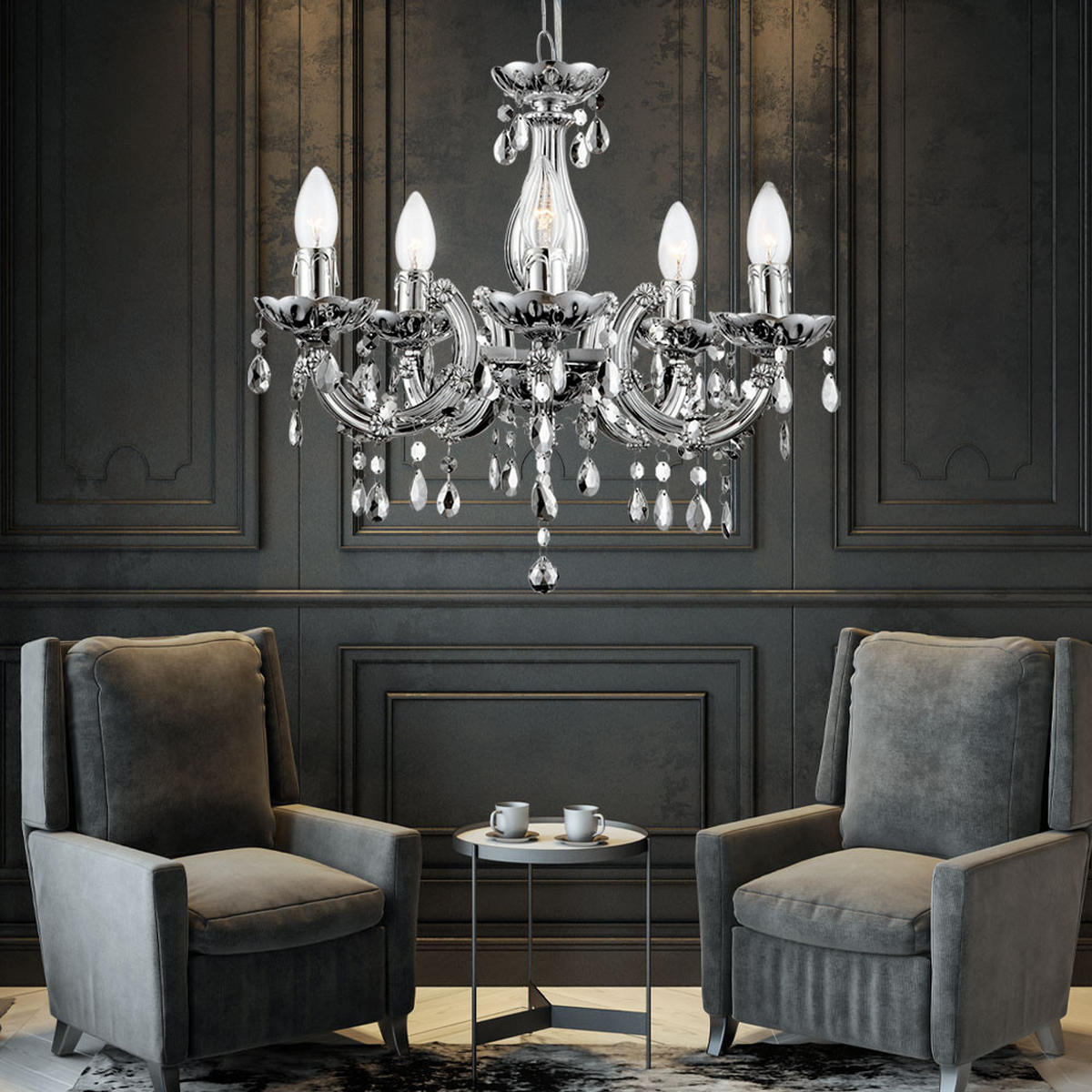 KRONLEUCHTER CUIMBRA II Silber Kristalloptik - Silberfarben, Metall (44/44/128cm) - Globo Lighting