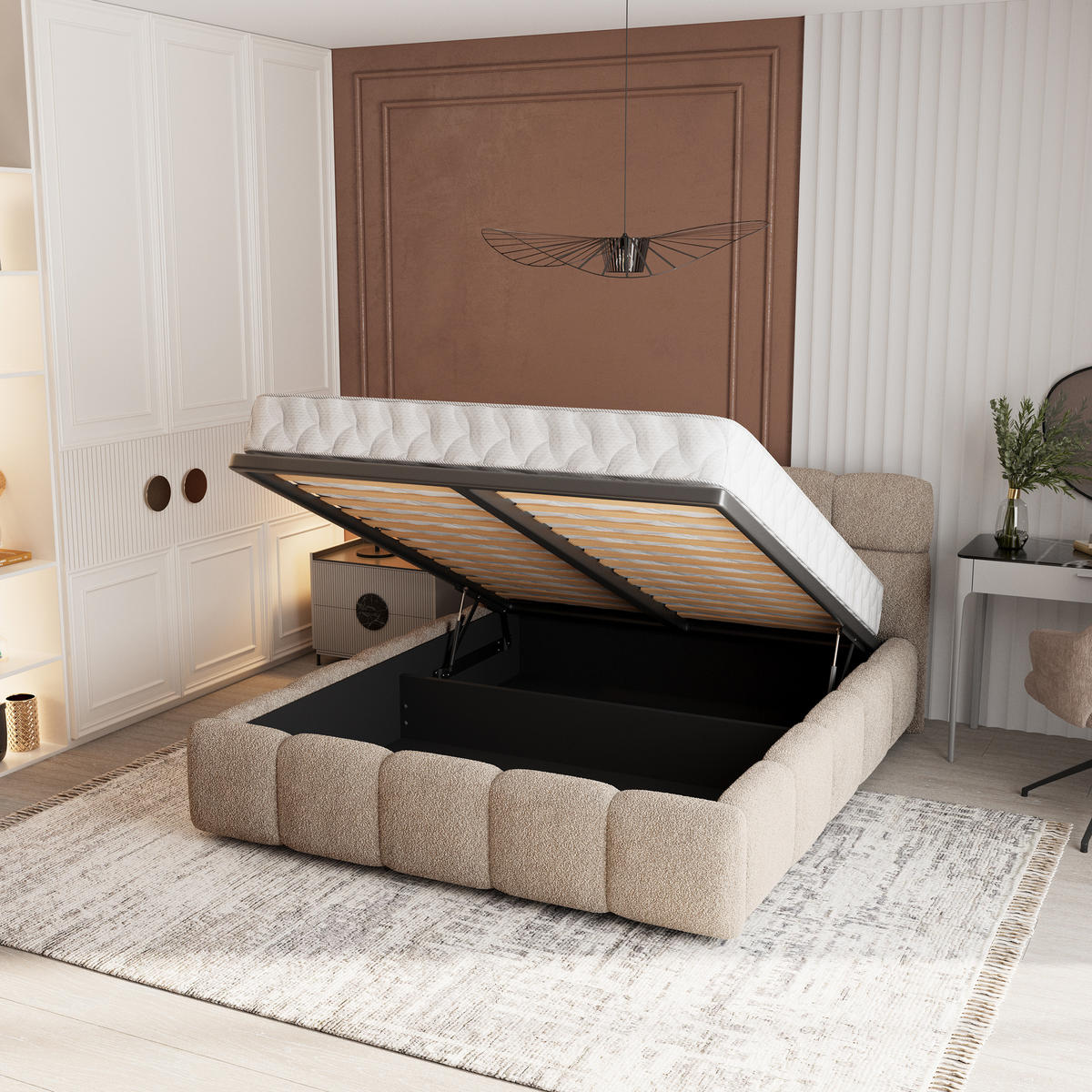 POLSTERBETT FARU Q 120x200 cm mit Bettkästen - Beige - Beige, Holz (120/200cm) - MASSENO