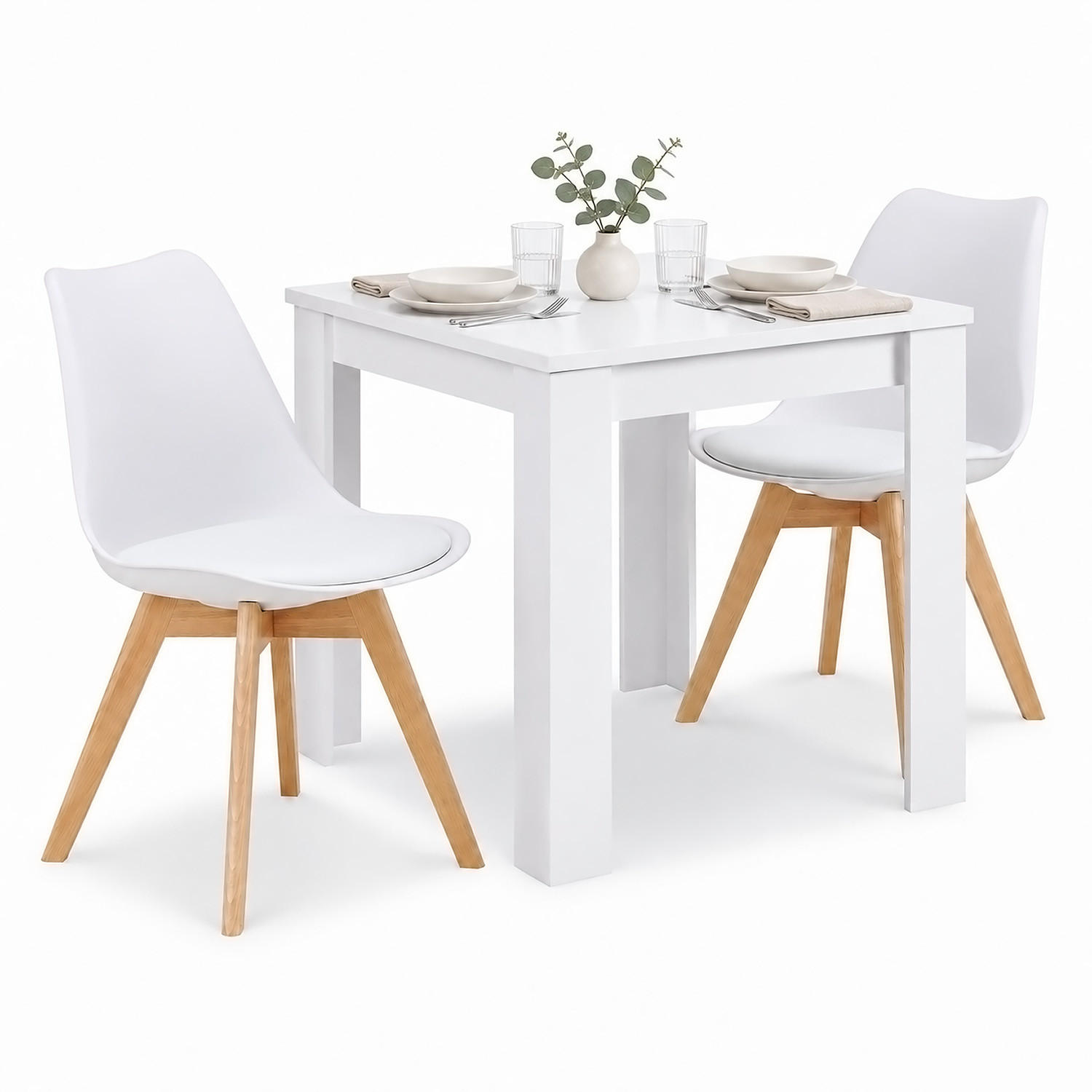 TISCHGRUPPE 80/80 cm Weiß mit 2 Stühlen - Weiß/Naturfarben, Holz/Kunststoff (80/80/80cm) - Homestyle4u
