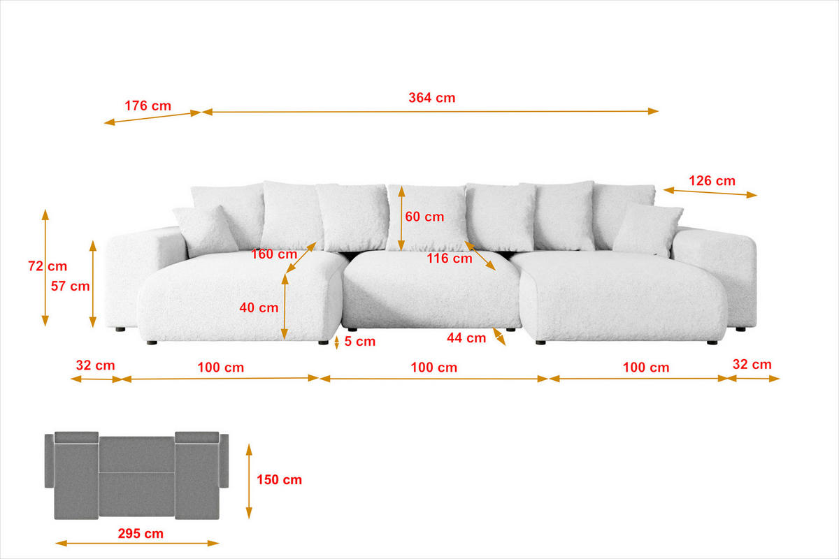 WOHNLANDSCHAFT mit Schlaffunktion ESKAR-U -364x176x72cm Weiß Bouclé - Schwarz/Weiß, Holzwerkstoff/Kunststoff (364/72/176cm) - ALTDECOR