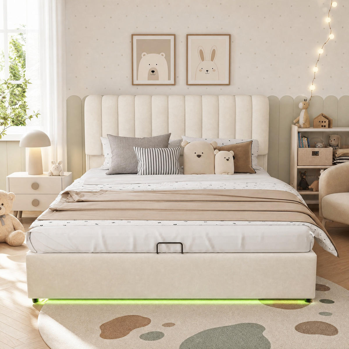 KINDER-POLSTERBETT 140x200 cm in Beige mit Bettkasten, 3 Schubladen und LED-Leiste - Beige, Textil (140/200cm) - IVMEU