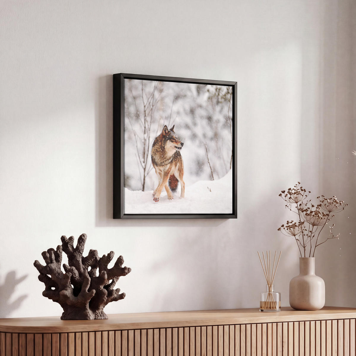 LEINWAND Bilder mit Rahmen - Wolf - Winter - Schnee - Natur - Tiere - 20x20 - Haselnussfarben, Textil (20/20cm) - MuchoWow