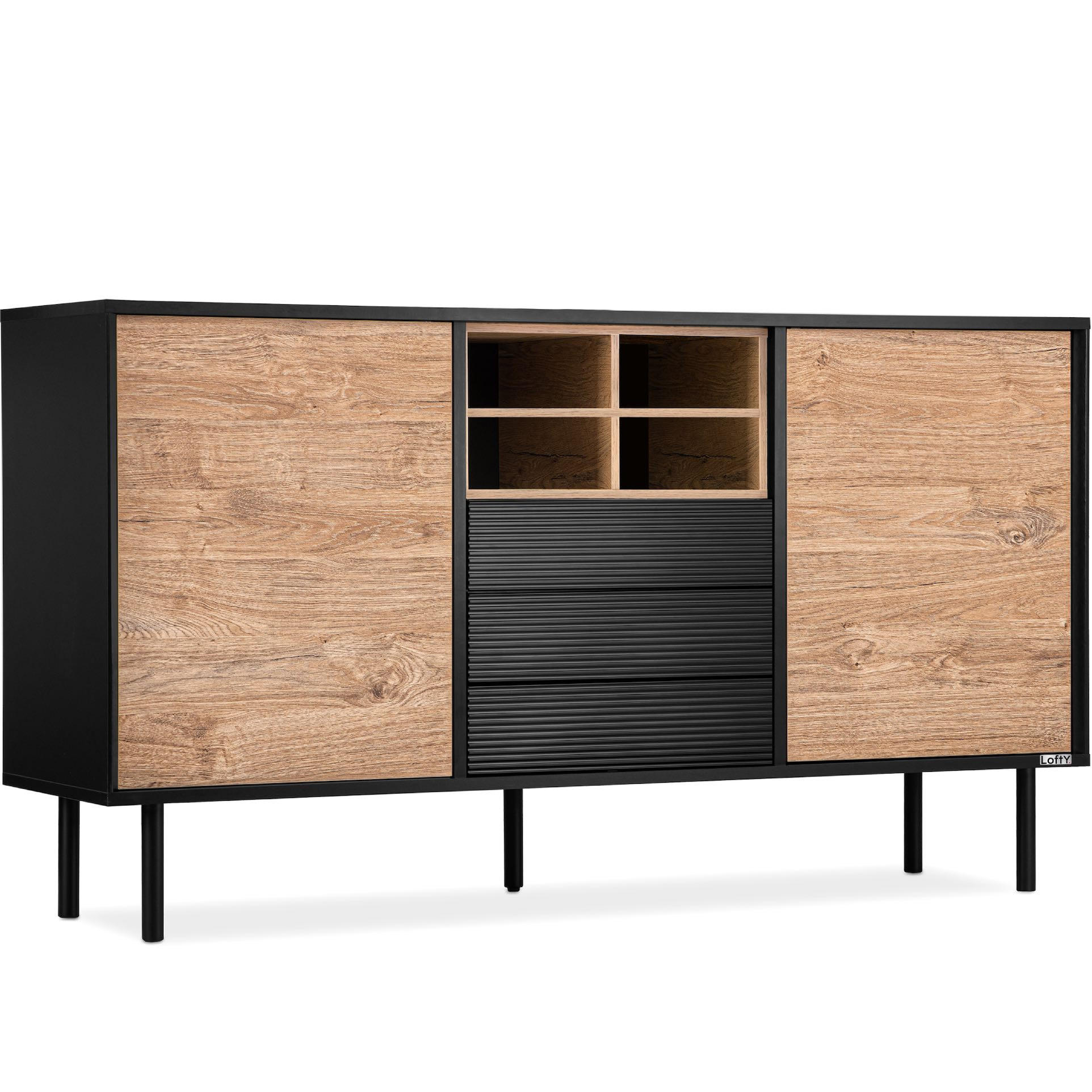 KOMMODE LOFTY Kreuzeinlage, schwarz / Eiche natur - Eichefarben/Multicolor, Holzwerkstoff (151/84/41cm) - KONSIMO®