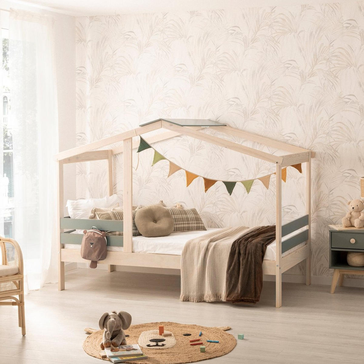 KINDERBETT Lior Natürlich 197 cm x 147 cm - Blaugrau/Naturfarben, Holzwerkstoff