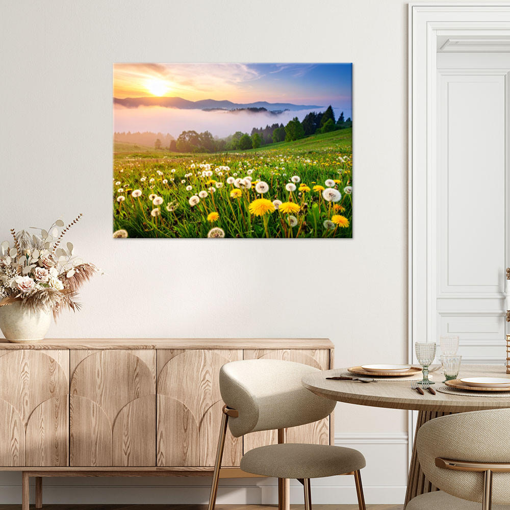 LEINWANDBILD Wiese Löwenzahn Berglandschaft 120x80cm - Grün, Textil (120/80cm) - Feeby