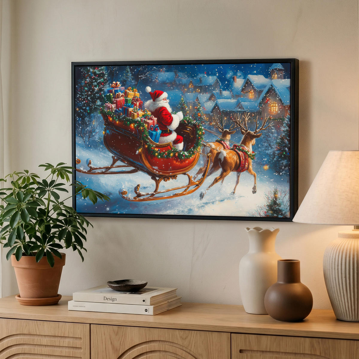 LEINWAND Bilder mit Rahmen - Weihnachtsmann - Rentier - Weihnachten - Schnee - 60x40 - Cognac, Textil (60/40cm) - MuchoWow