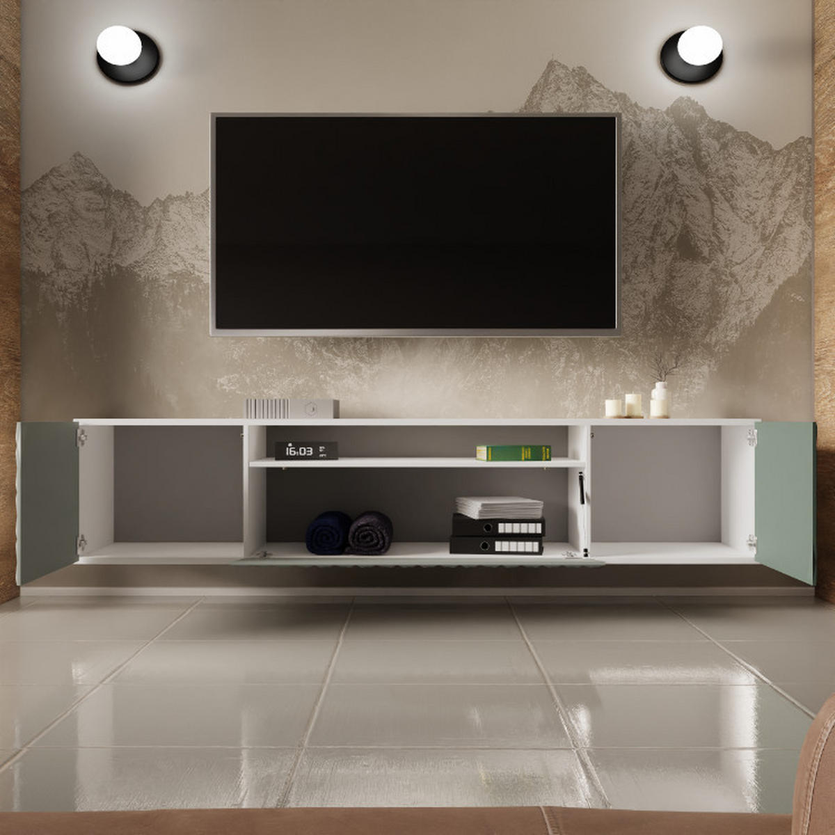 TV-SCHRANK Cali 200 cm, dreitürig, weiß, grün - Weiß/Olivgrün, Kunststoff (200/40/41cm) - Margaret Hadas24