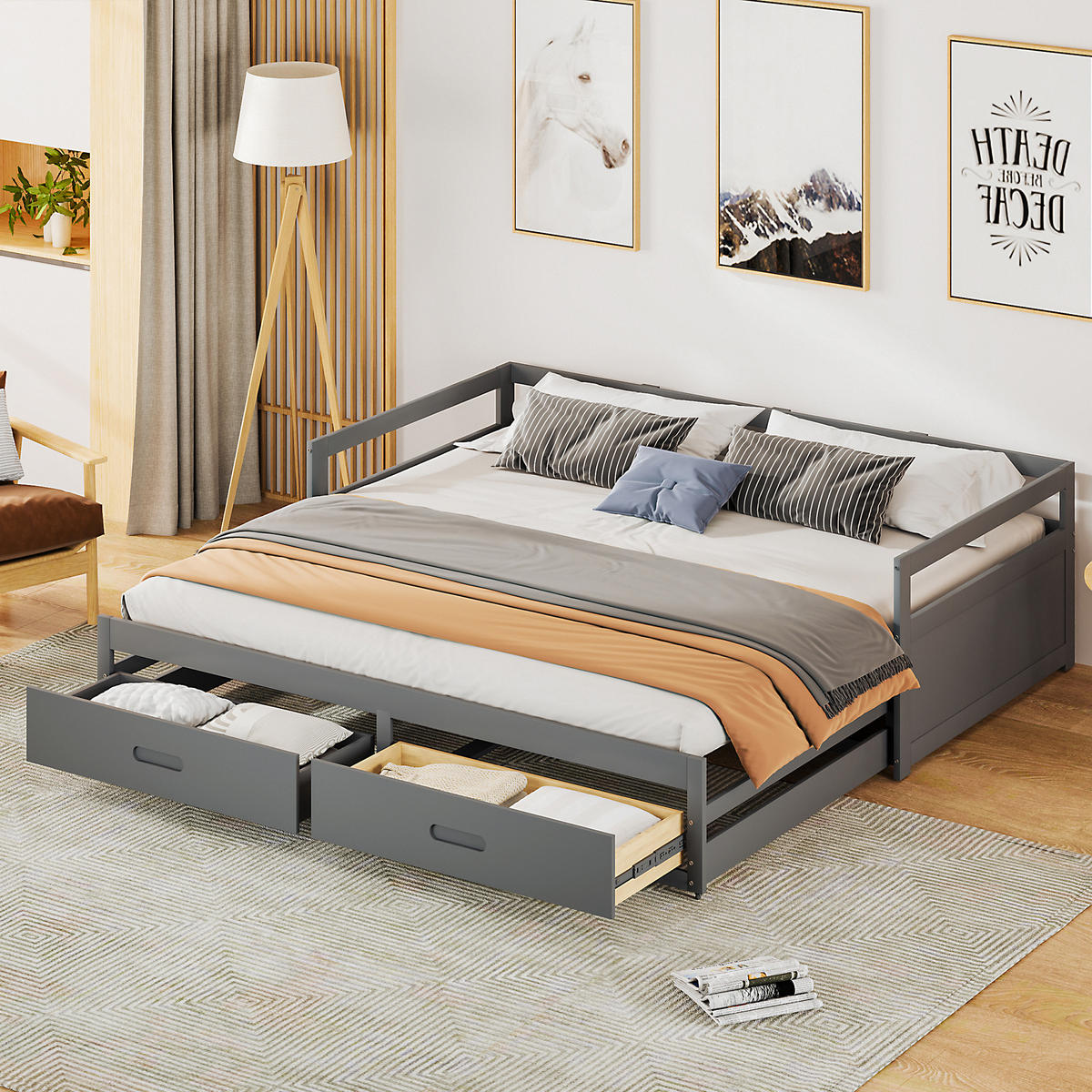 BETT ausziehbar 90/200 cm mit Schubladen Kiefernholz grau - Grau, Holz (90/200cm) - OKWISH