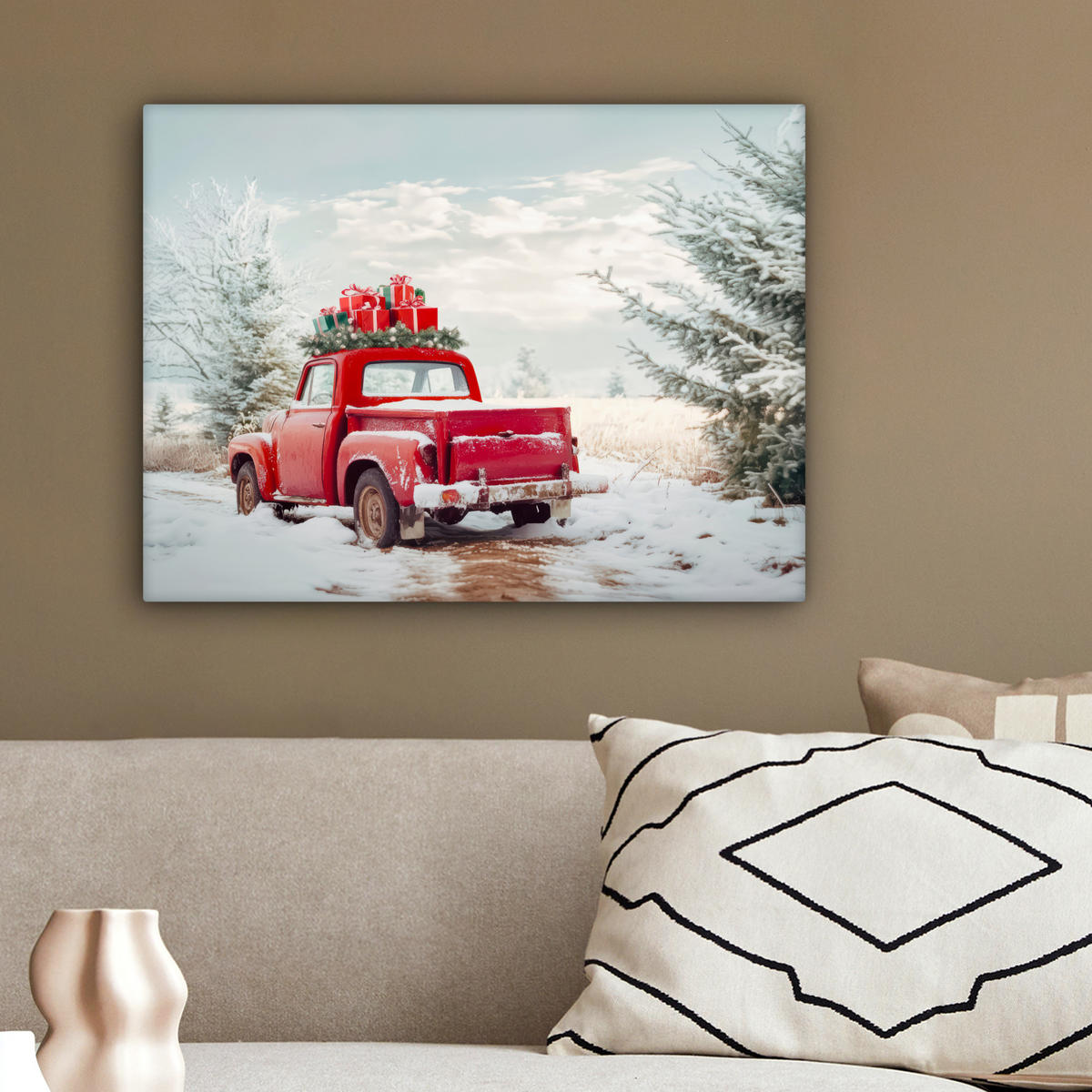 LEINWANDBILD Auto - Rot - Geschenke - Winter - Schnee - Weihnachten 40x30 cm - Rot, Textil (40/30cm) - MuchoWow