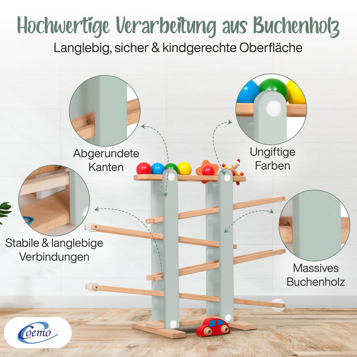 KUGELBAHN L Holz Grün mit 7 Roll Elementen - Grün, Holz (26/70cm) - Coemo