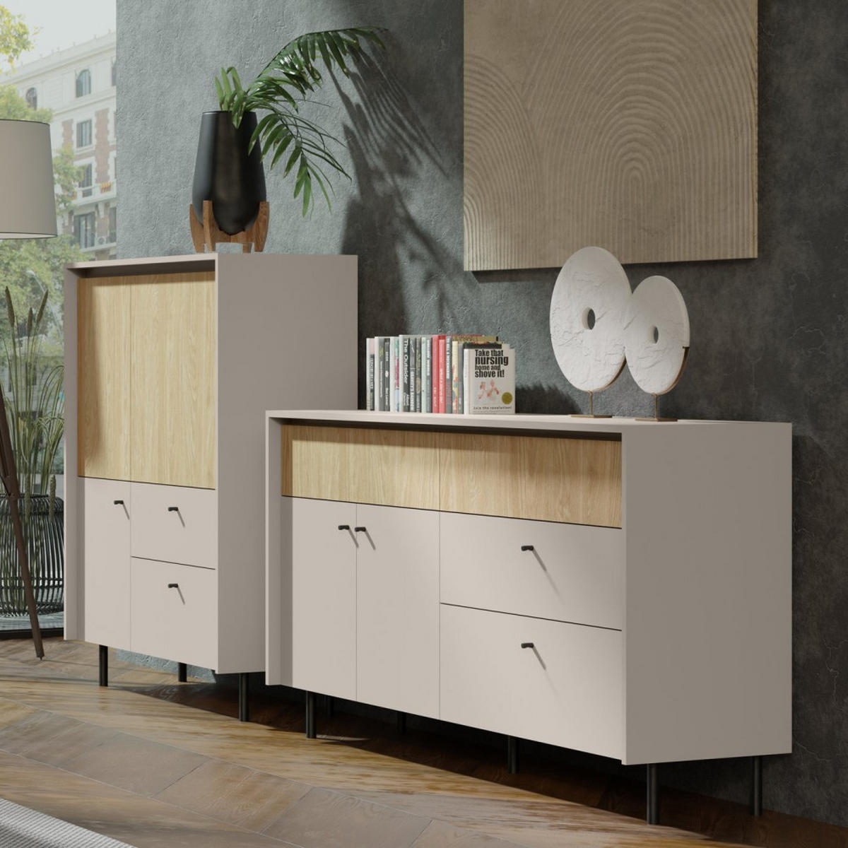 HIGHBOARD Monako mit 2 Schubalden und 3 Türen, Beige Sand - Eichefarben/Beige, Holzwerkstoff/Metall (103/125/42cm) - Beautysofa
