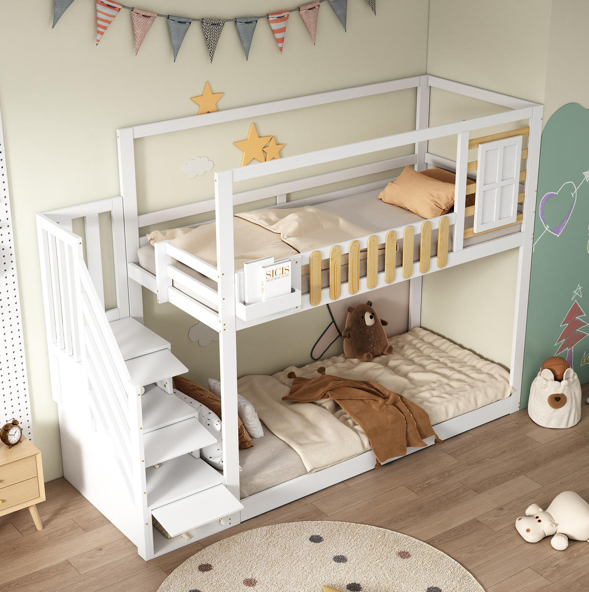 ETAGENBETT 90/200 cm Weiß/Natur mit Treppe, Stauraum und Fensterdesign - Weiß, Holzwerkstoff (90/200cm) - Flora Grace