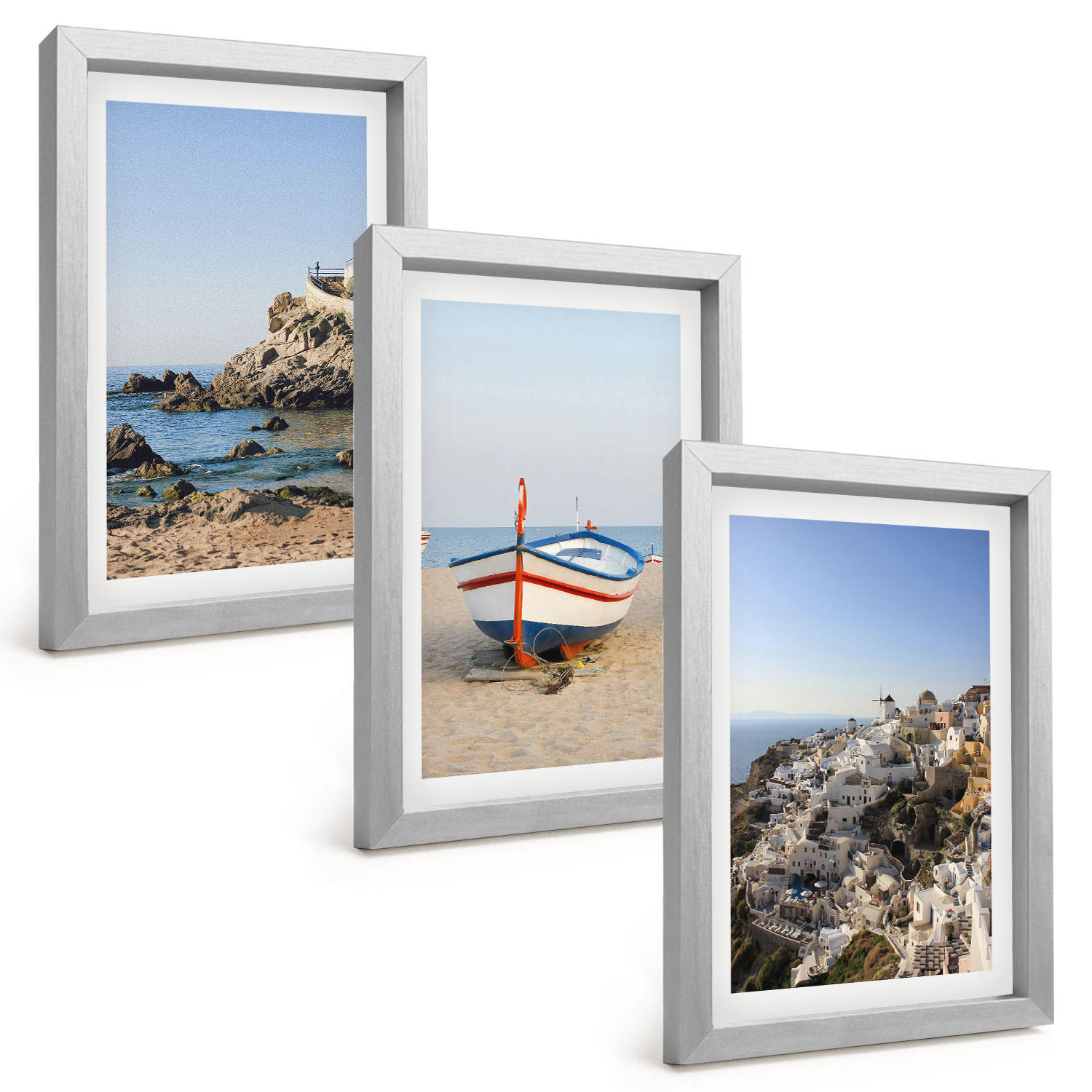 BILDER SET 3er Set - 20x30 cm Silberner Rahmen - Ansichten von Griechenland mit einem Boot und Häusern - Silberfarben, Kunststoff (20/30cm) - TULUP