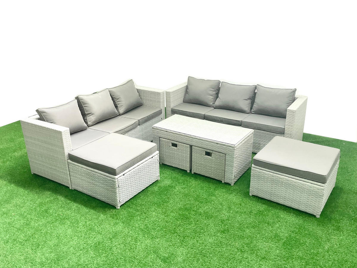 BALKONMÖBEL-SET Polyrattan Hellgrau-Mix 10-teilig - Hellgrau/Grau, Glas/Kunststoff - Fimous