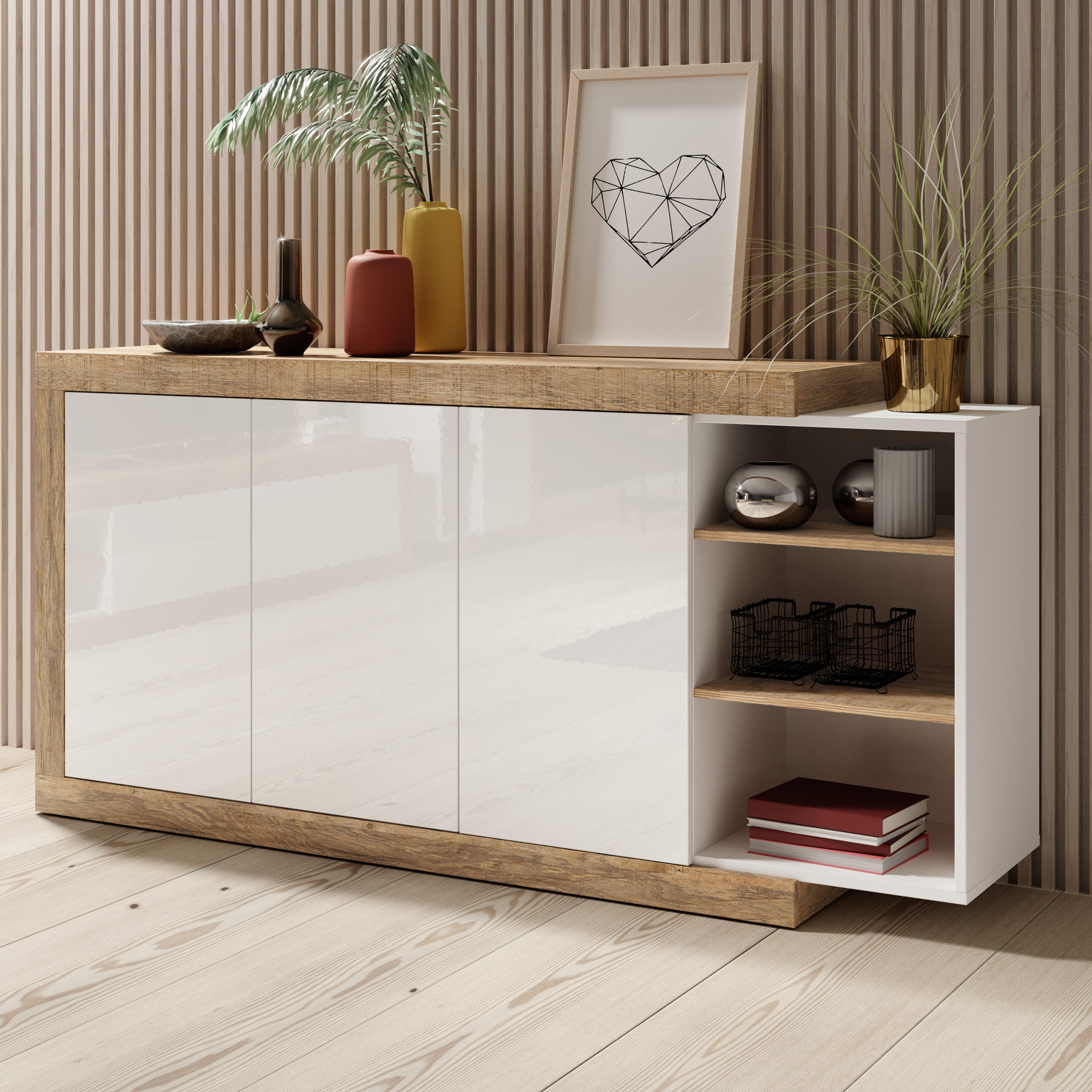 SIDEBOARD SINFONIA 180/86/40 cm mit 3 Türen Eichefarben - Eichefarben/Weiß, Holzwerkstoff (180/86/40cm) - MASSENO