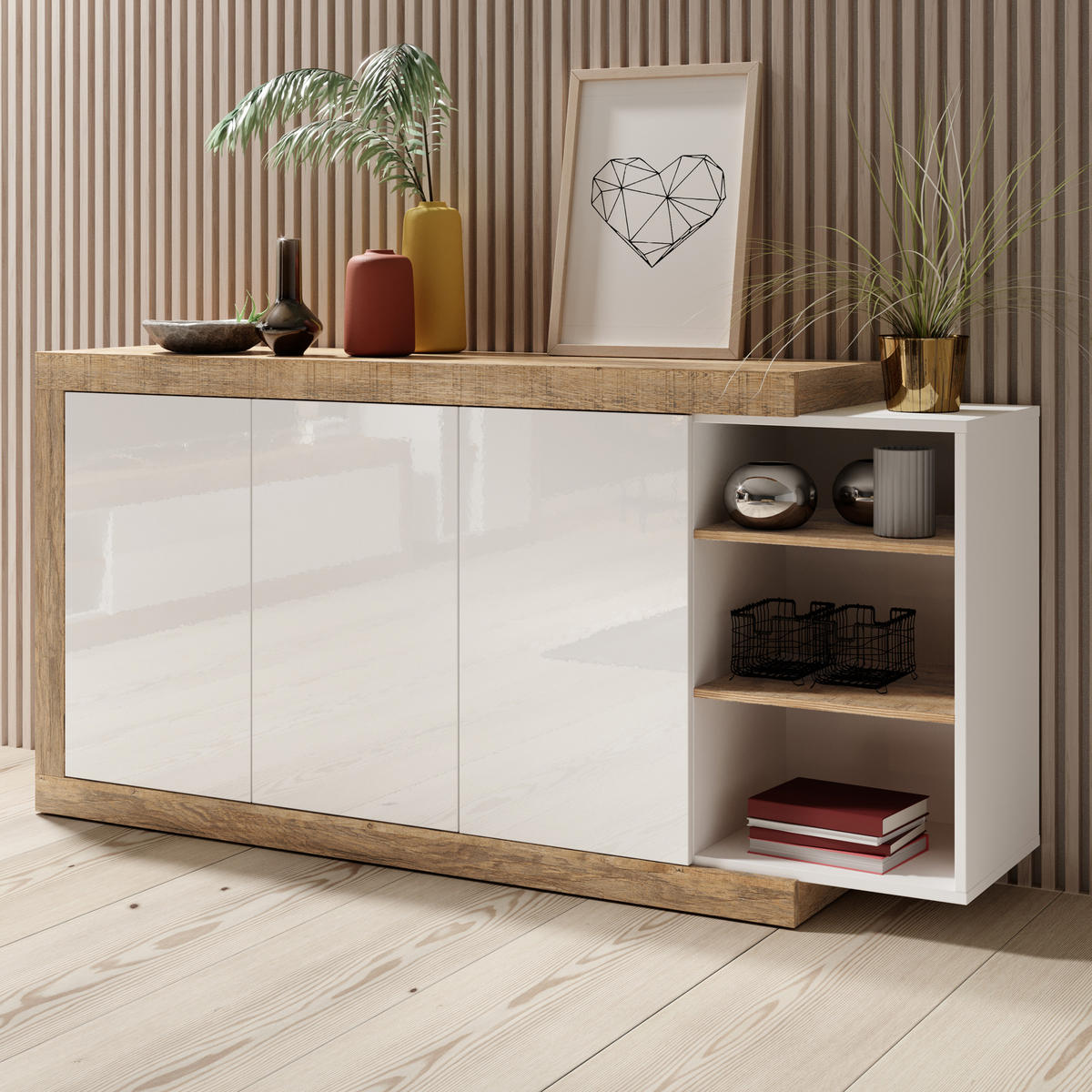SIDEBOARD SINFONIA 180/86/40 cm mit 3 Türen Eichefarben - Eichefarben/Weiß, Holzwerkstoff (180/86/40cm) - MASSENO