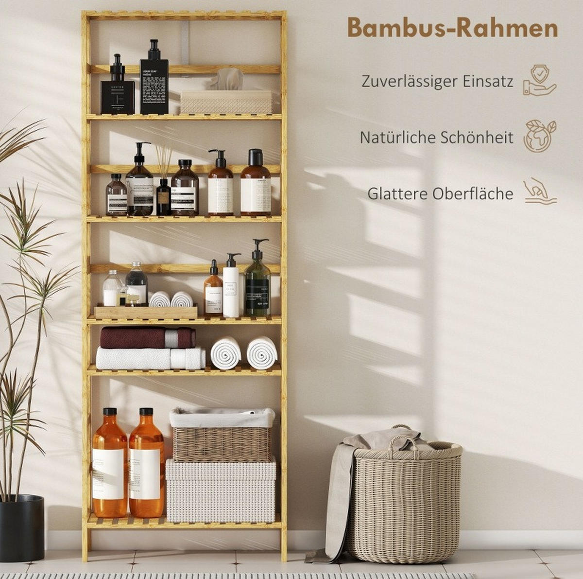STANDREGAL aus Bambus 60x26x161 cm Naturholz mit 6 Ebenen, verstellbaren Regalböden und platzsparendem Design - Naturfarben, Naturmaterialien (60/161/26cm) - Modfu