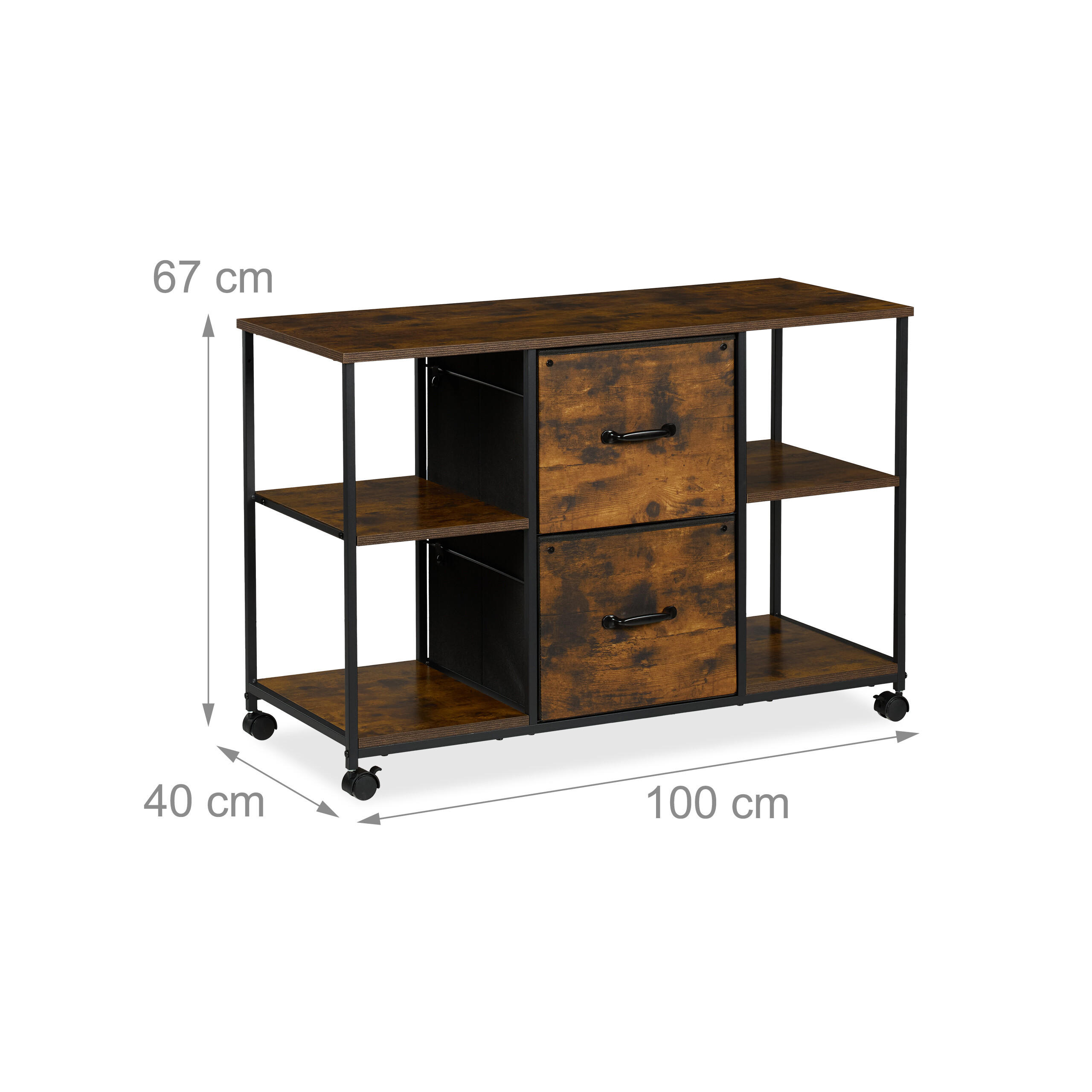 Thumbnail - Relaxdays Rollcontainer, Braun, Holz, 4 Fächer, 2 Schubladen, 100x67x40 cm, Arbeitszimmer, Container