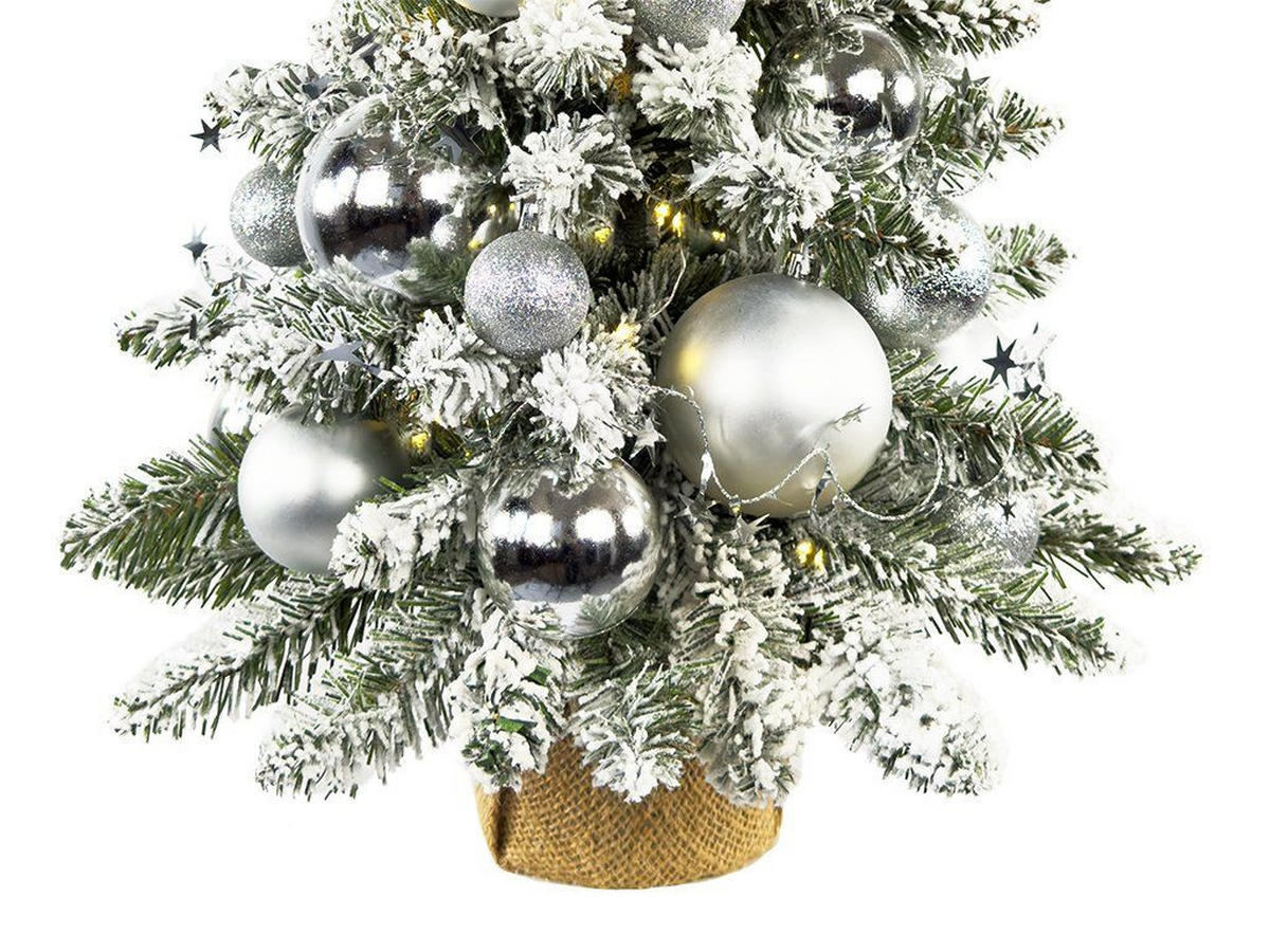 WEIHNACHTSBAUM künstlicher 60 cm – SILBERWEIHNACHTEN II, mit 34-teiligem Weihnachtsbaumschmuck, mit LED-Beleuchtung, inkl. Pflanztopf mit Jutesack - Silberfarben/Weiß, Kunststoff/Stein (40/60cm) - LAALU