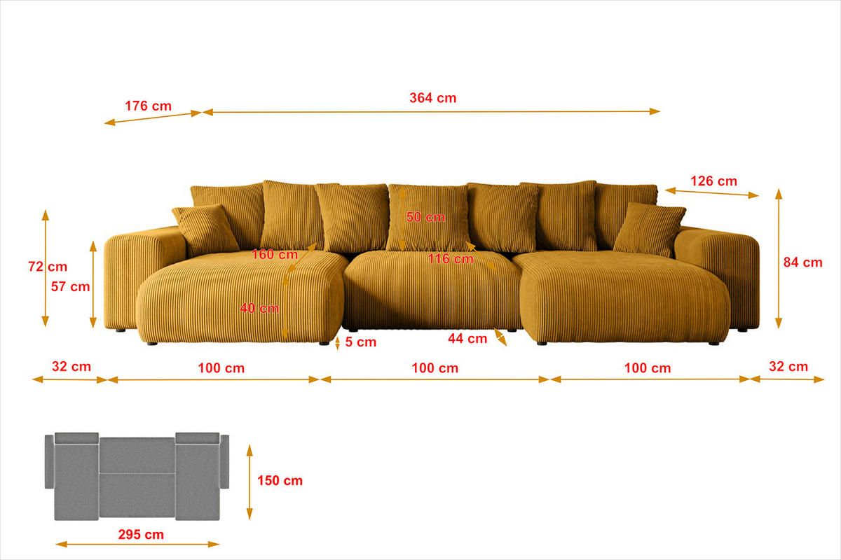 WOHNLANDSCHAFT mit Schlaffunktion ESKAR-U -364x176x84cm Gelb Cord - Gelb/Schwarz, Holzwerkstoff/Kunststoff (364/84/176cm) - ALTDECOR