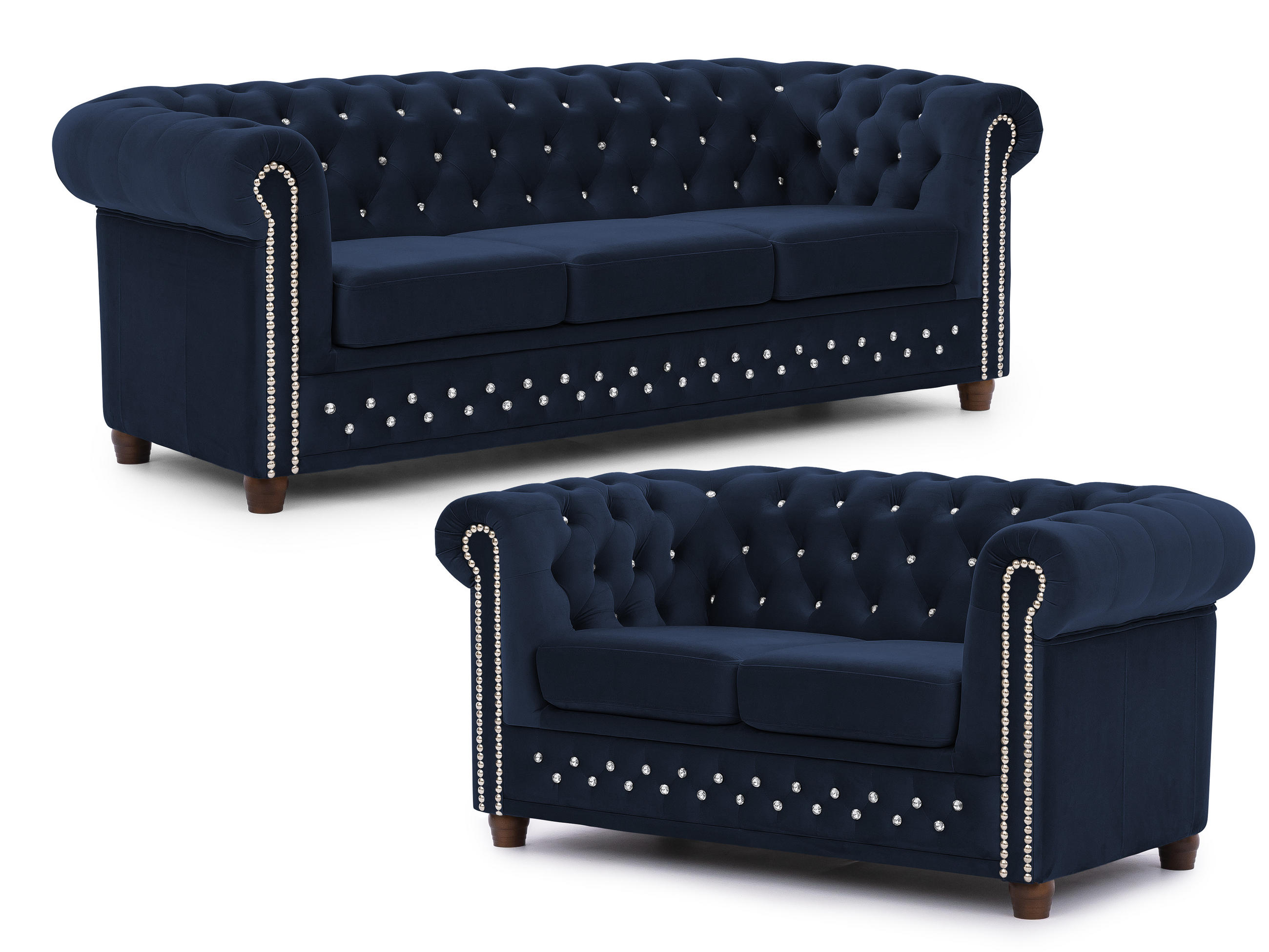 SITZGARNITUR 3+2 Chesterfield Cleo Blink Marineblau Samt mit Kristallsteppung und braunen Massivholzfüßen - Blau/Braun, Holz/Textil (203/72/86cm) - S-Style Möbel