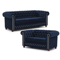 SITZGARNITUR 3+2 Chesterfield Cleo Blink Marineblau Samt mit Kristallsteppung und braunen Massivholzfüßen - Blau/Braun, Holz/Textil (203/72/86cm) - S-Style Möbel