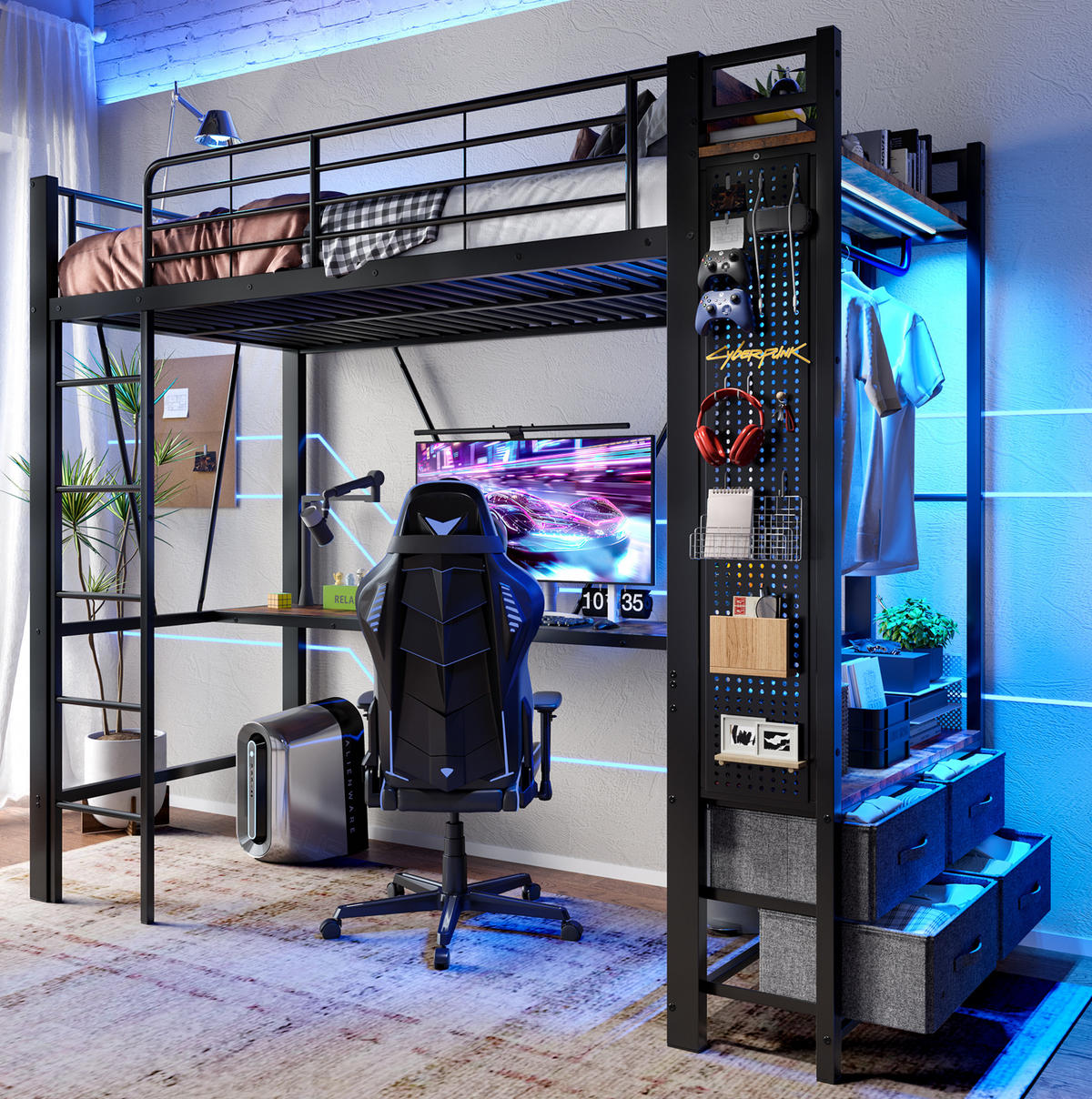 HOCHBETT 90/200 cm Schwarz mit Schreibtisch und LED-Beleuchtung mit Matratze - Schwarz, Metall (90/200cm) - OKWISH