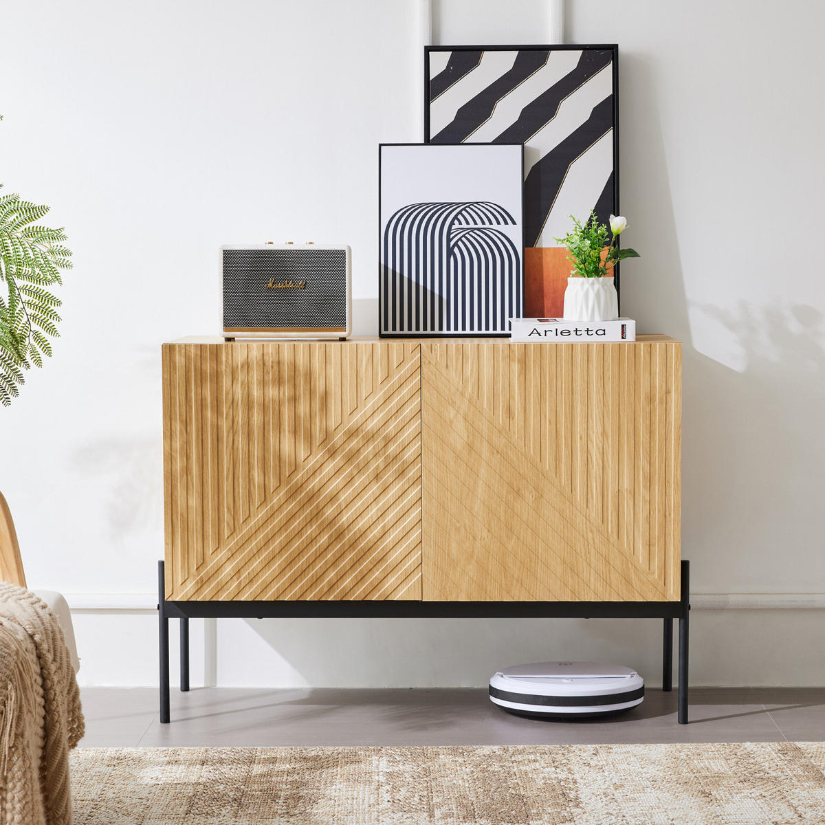 SIDEBOARD 100x40x75 cm, Linien-Design, 2 Türen, Holzfarben - Kastanienfarben, Holz (100/75/40cm)