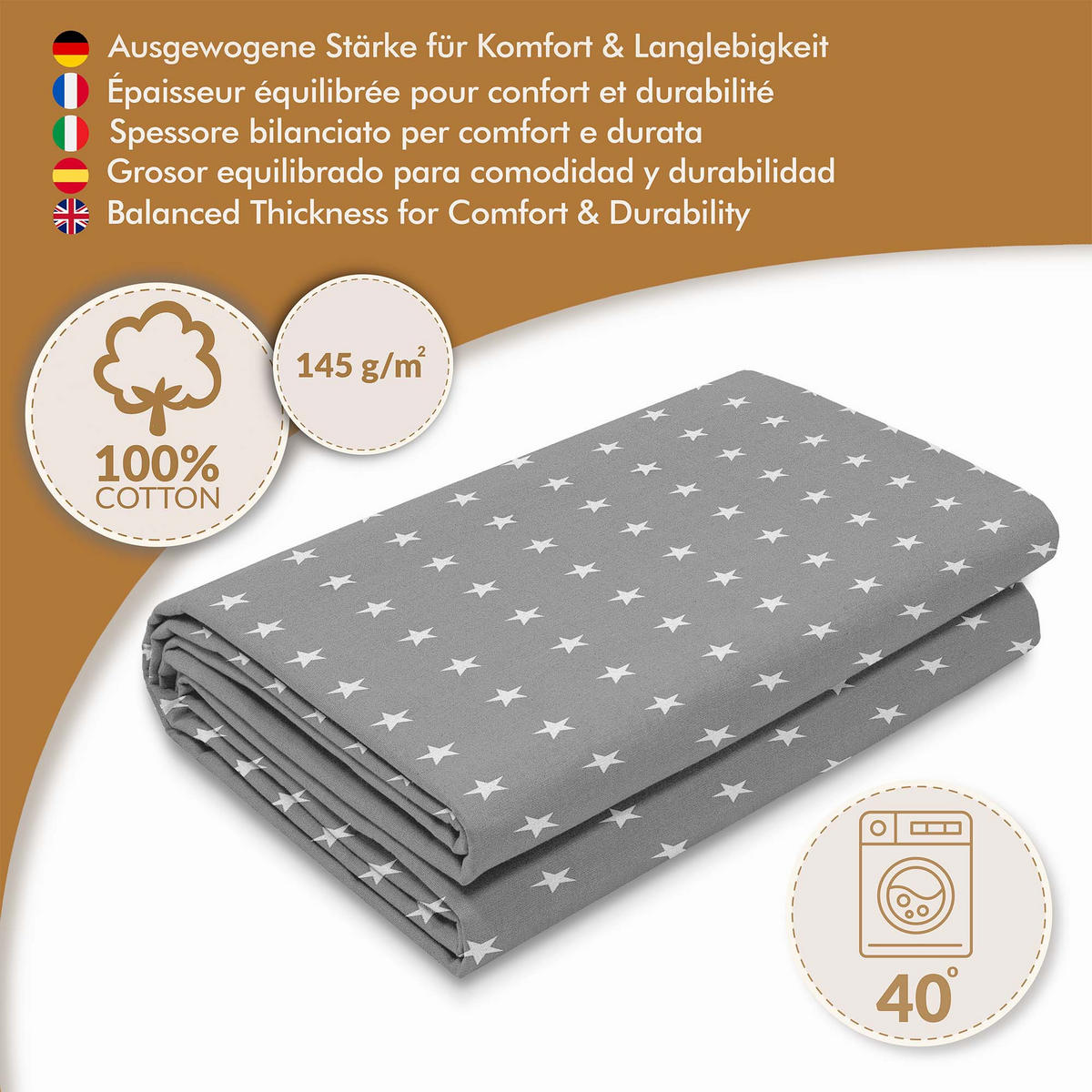 BAUMWOLLSTOFF Gray Stardust 160 cm breit, 145 g/m², dunkelgrau mit weißen Sternen, strapazierfähige Canvas-Qualität - Dunkelgrau, Textil (160/100cm) - Dreamroots