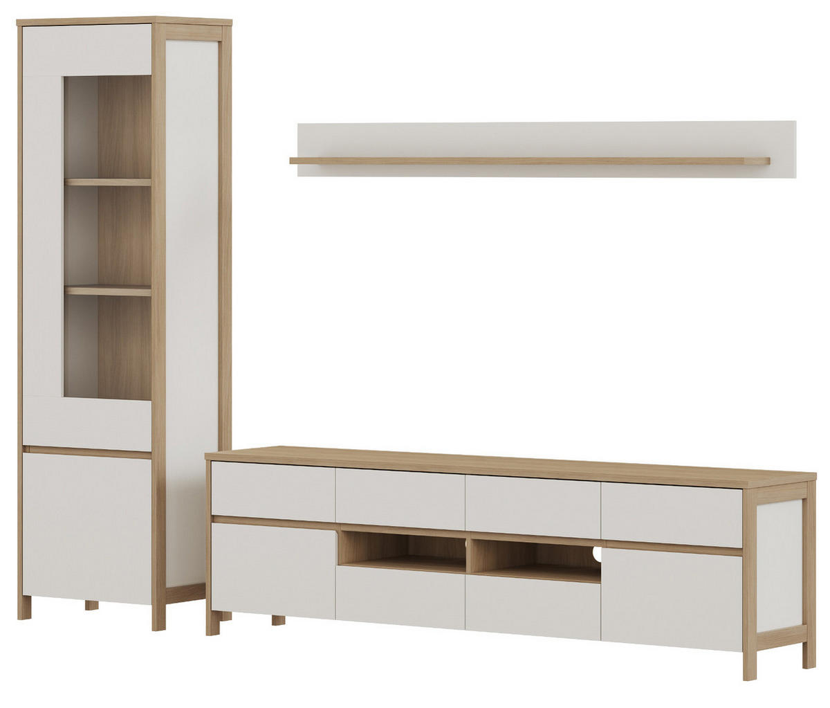 WOHNWAND weiß, Eiche, Wohnkombination skandinavisch 3-teilig 266 cm, Soft-Close, Finnes - Eichefarben/Weiß, Holzwerkstoff/Metall (266/195/39cm) - Furn.Design