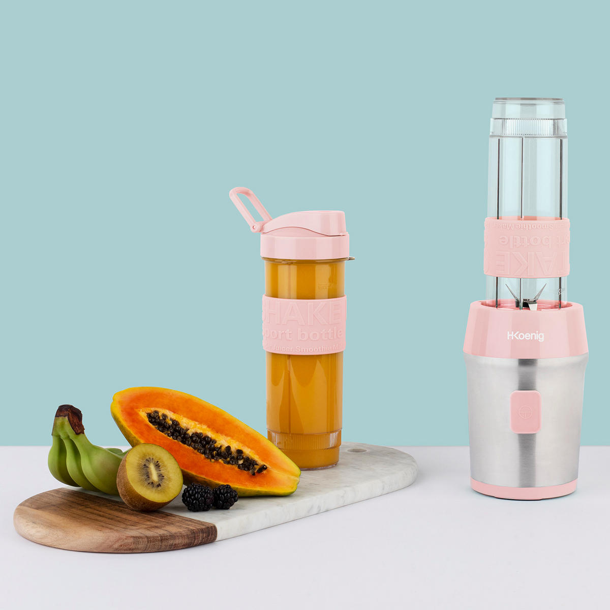 SMOOTHIE Maker SMOO12 Rosa, 570ml, BPA-frei, 2 tragbare Flaschen, Edelstahlklingen, 300W - Hellrosa, Metall (11.3/35/15cm) - HKoenig