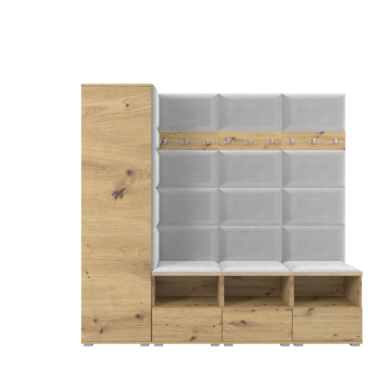 GARDEROBE NELA IX 200 cm (Modulare Flurmöbel Artisan Eiche mit Sitzpolster Hellgrau 32 Breite Sitzbank) - Silberfarben/Hellgrau, Holz/Holzwerkstoff (200/187/40cm) - Ravio