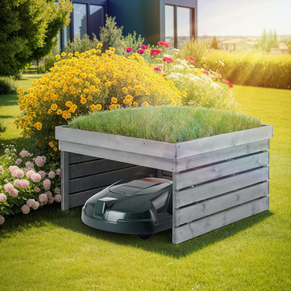 RASENMÄHER-ROBOTER-GARAGE Hortus, 84 x 78 x 46 cm, grau - Grau, Holz (84/46/78cm) - tectake