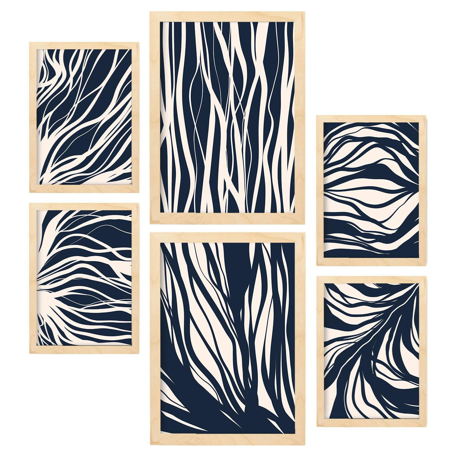 POSTER Set Mit 6 Zweigmuster In Abstrakter Form Ästhetische Dekodrucke Für Ihr Wohnzimmer, Schlafzimmer Oder Zuhause A3 & A4 Rahmen Aus Hellem Holz - Beige, Papier (29/3cm) - Nacnic