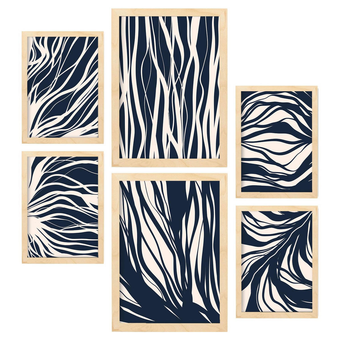 POSTER Set Mit 6 Zweigmuster In Abstrakter Form Ästhetische Dekodrucke Für Ihr Wohnzimmer, Schlafzimmer Oder Zuhause A3 & A4 Rahmen Aus Hellem Holz - Beige, Papier (29/3cm) - Nacnic