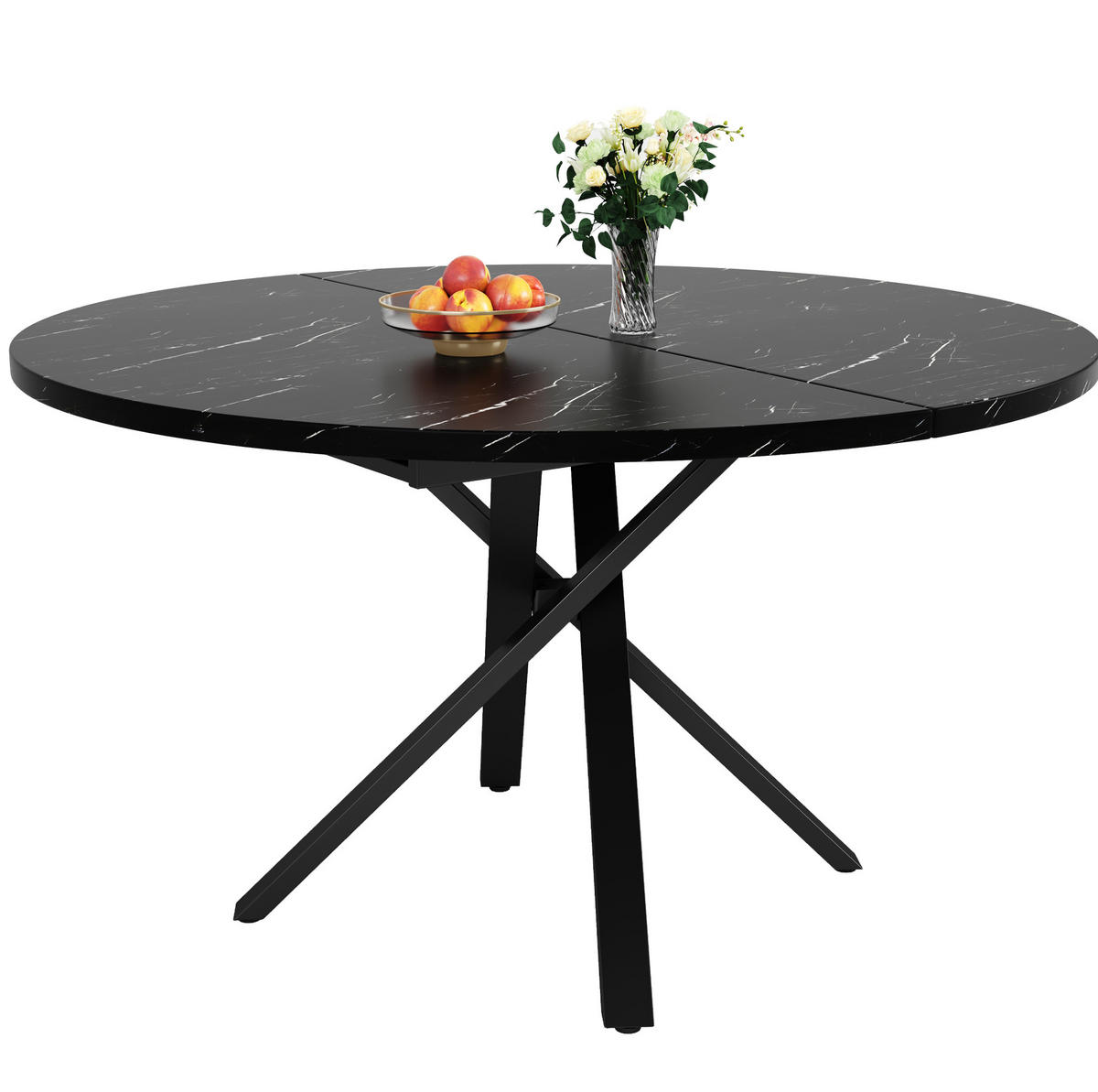 ESSTISCH 100-140x76 cm in Schwarz aus MDF mit Marmoroptik auf X-Gestell ausziehbar - Schwarz, Holzwerkstoff (100/140/75.5cm) - Modfu