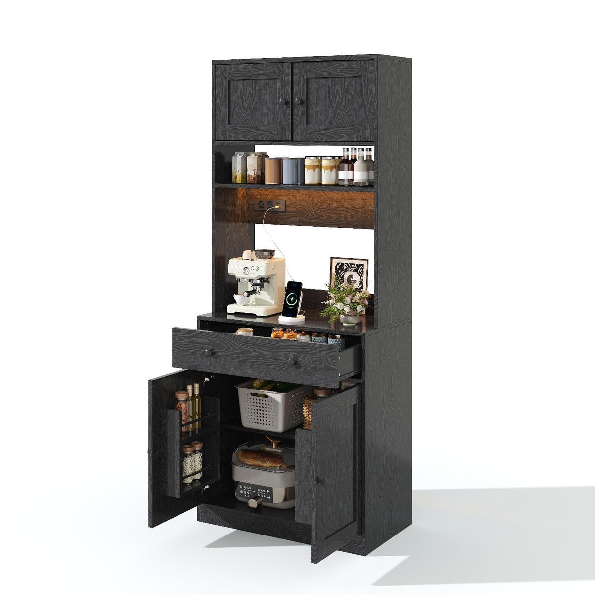KÜCHENSCHRANK 72/180/40 cm MDF Schwarz MIT STECKDOSE UND LED-BELEUCHTUNG für Küche und Esszimmer - Schwarz, Holzwerkstoff (40/180/72cm) - Rolipo