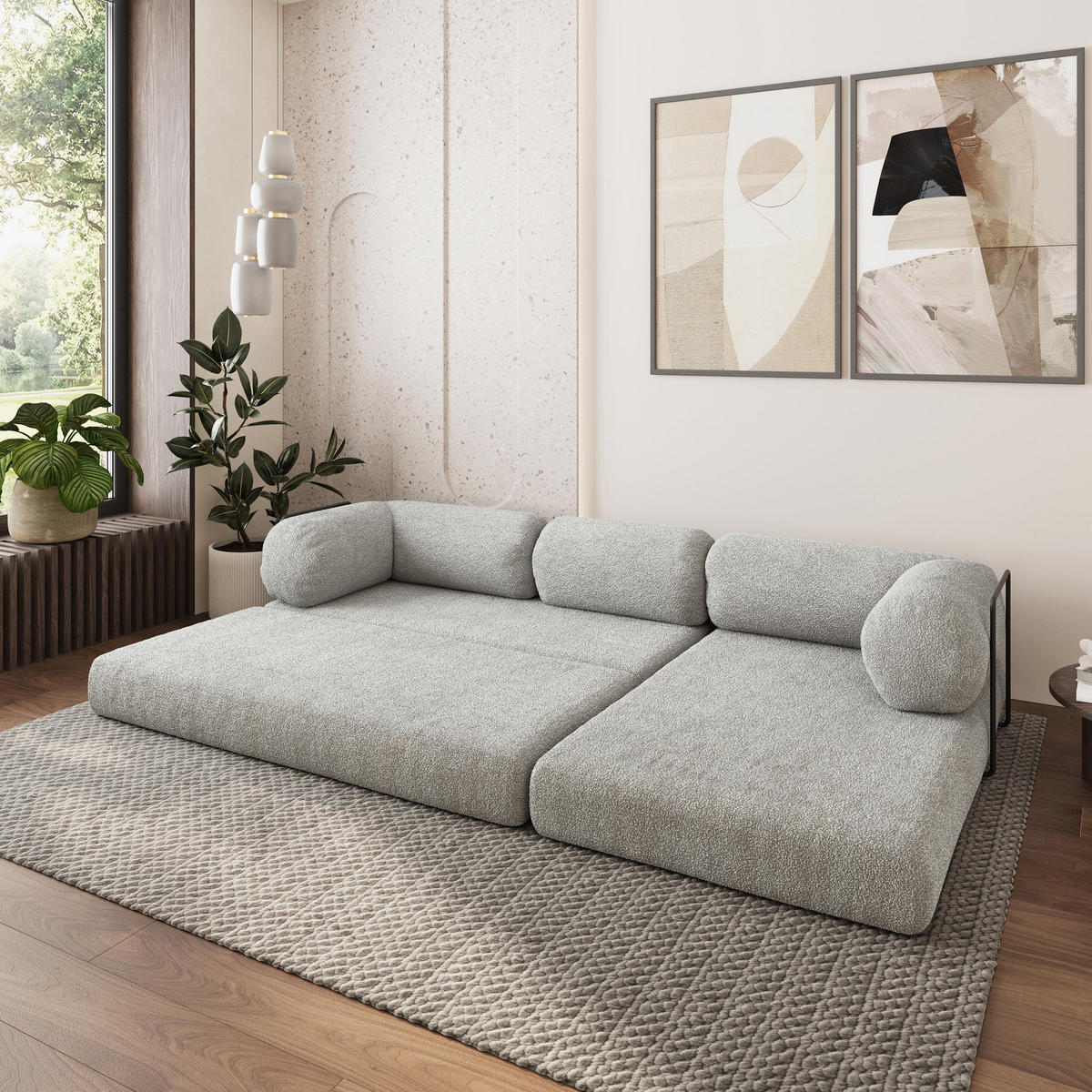 ROHOVÁ SEDAČKA KELI modulární Boneless pohovka s funkcí spaní, světle šedá QUELLE 83 - světle šedá, textil (270/160cm) - MASSENO