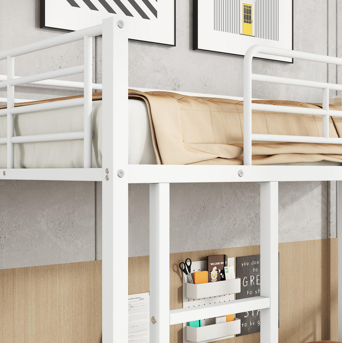 ETAGENBETT aus Metall 90x200 cm Weiß mit 3-stufiger Leiter, Fallschutz und Schuhablage mit Schrank - Weiß, Metall (90/200cm) - Modfu