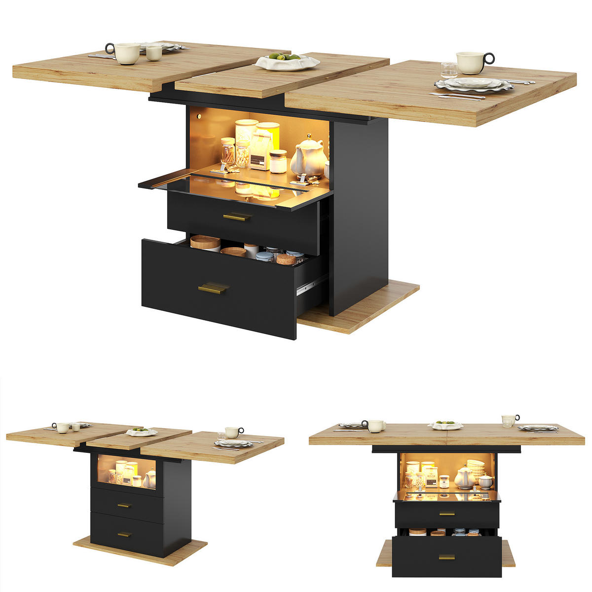 ESSTISCH 110-140x80x75 cm in Natur und Schwarz aus MDF mit LED-Beinen ausziehbar - Naturfarben, Holzwerkstoff (140/80/75cm) - Modfu