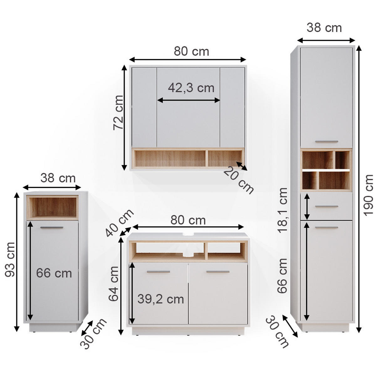 BADMÖBEL-SET Beatrice Weiß 4 Teile - Weiß/Sonoma Eiche, Holzwerkstoff (80/64/40cm) - Vicco
