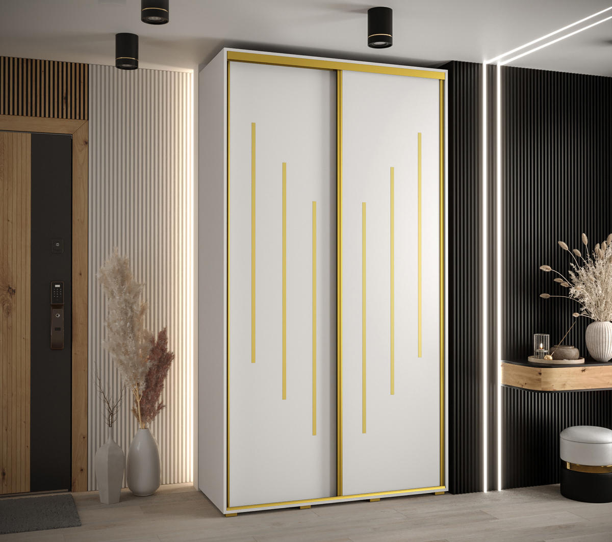 SCHWEBETÜRENSCHRANK 235,2/130/60 2-türig - Goldfarben/Weiß, Holz/Metall (130/235/60cm) - Abiks Möbel