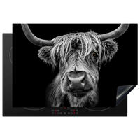 HERDABDECKPLATTE Schottischer Highlander - Hörner - Schwarz - Weiß - Kuh - Wild - Tiere Ceranfeldabdeckung 76x51.5 cm - Schwarz, Kunststoff (76/51.5/0.2cm) - MuchoWow