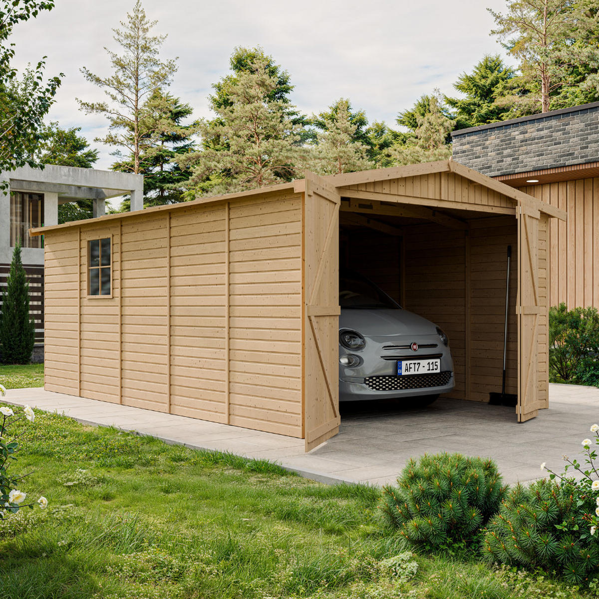 LESENA garaža 15 m² - H222x516x324 cm - Panelna konstrukcija - M101 - naravne barve, les (303/183/493cm) - Timbela