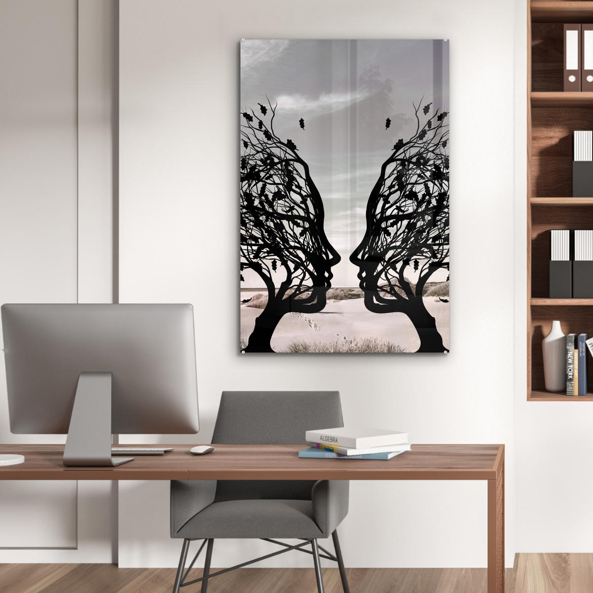 ACRYLGLASBILD Strand - Meer - Menschen - Baum - Moderne Kunst 60x90 cm - Hellgrau, Glas (60/90cm) - MuchoWow